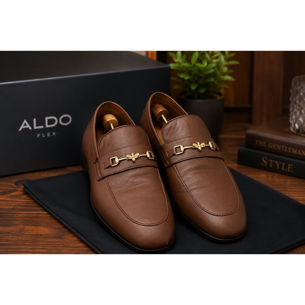 ALDO Flex Men's Brown Leather Bee Bit Loafers Slip-On Dress Shoes US 10.5